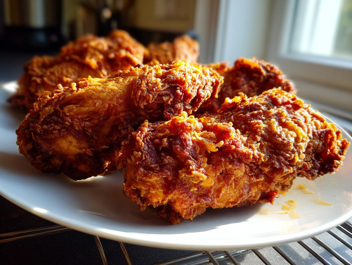 Close-up of several pieces of golden brown, deeply textured fried chicken resting on a white plate, backlit by sunlight.