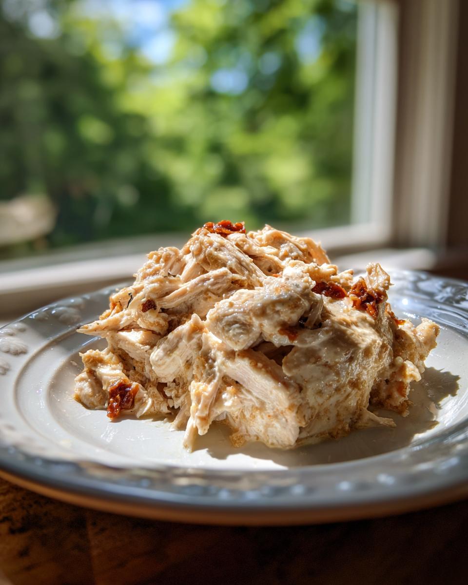 A serving of creamy, shredded crockpot marry me chicken topped with sun-dried tomatoes on a white plate.
