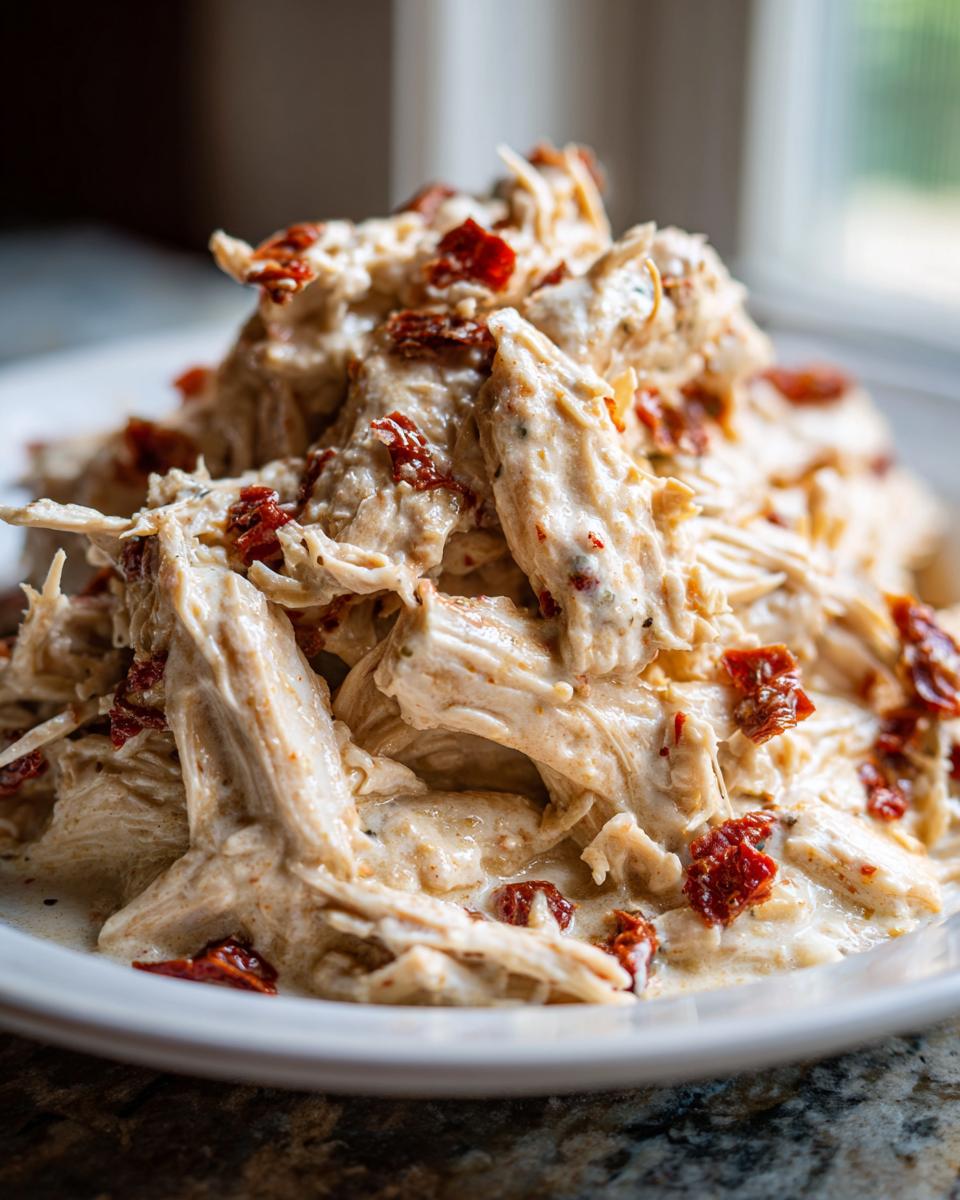 Close-up of shredded crockpot marry me chicken coated in a creamy sauce and topped with chopped sun-dried tomatoes.