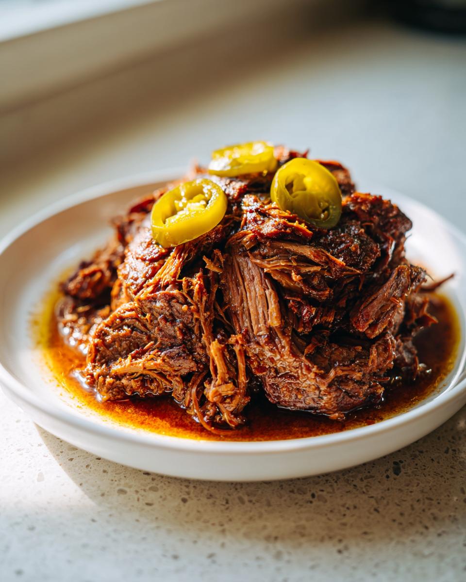 A close-up of tender, shredded Mississippi Pot Roast served in its rich juices and topped with sliced pickled jalapeños.