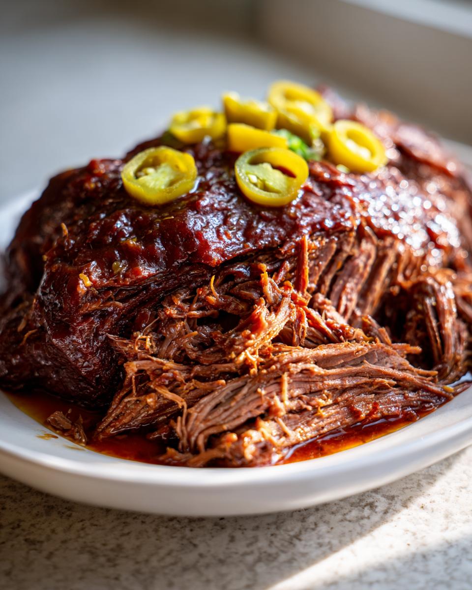 Close-up of tender, shredded Mississippi pot roast covered in rich sauce and topped with sliced pickled jalapeños.