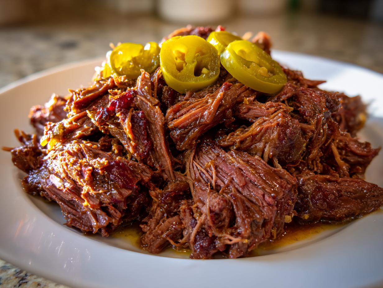 A close-up of tender, shredded Mississippi pot roast piled high on a white plate, topped with bright green pickled jalapeño slices.