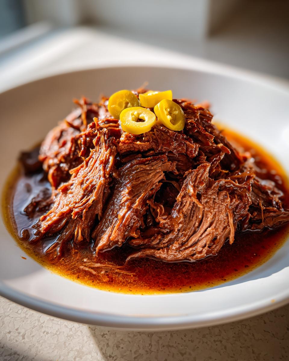 A close-up of tender, shredded Mississippi pot roast swimming in rich brown au jus, topped with yellow pepperoncini rings.
