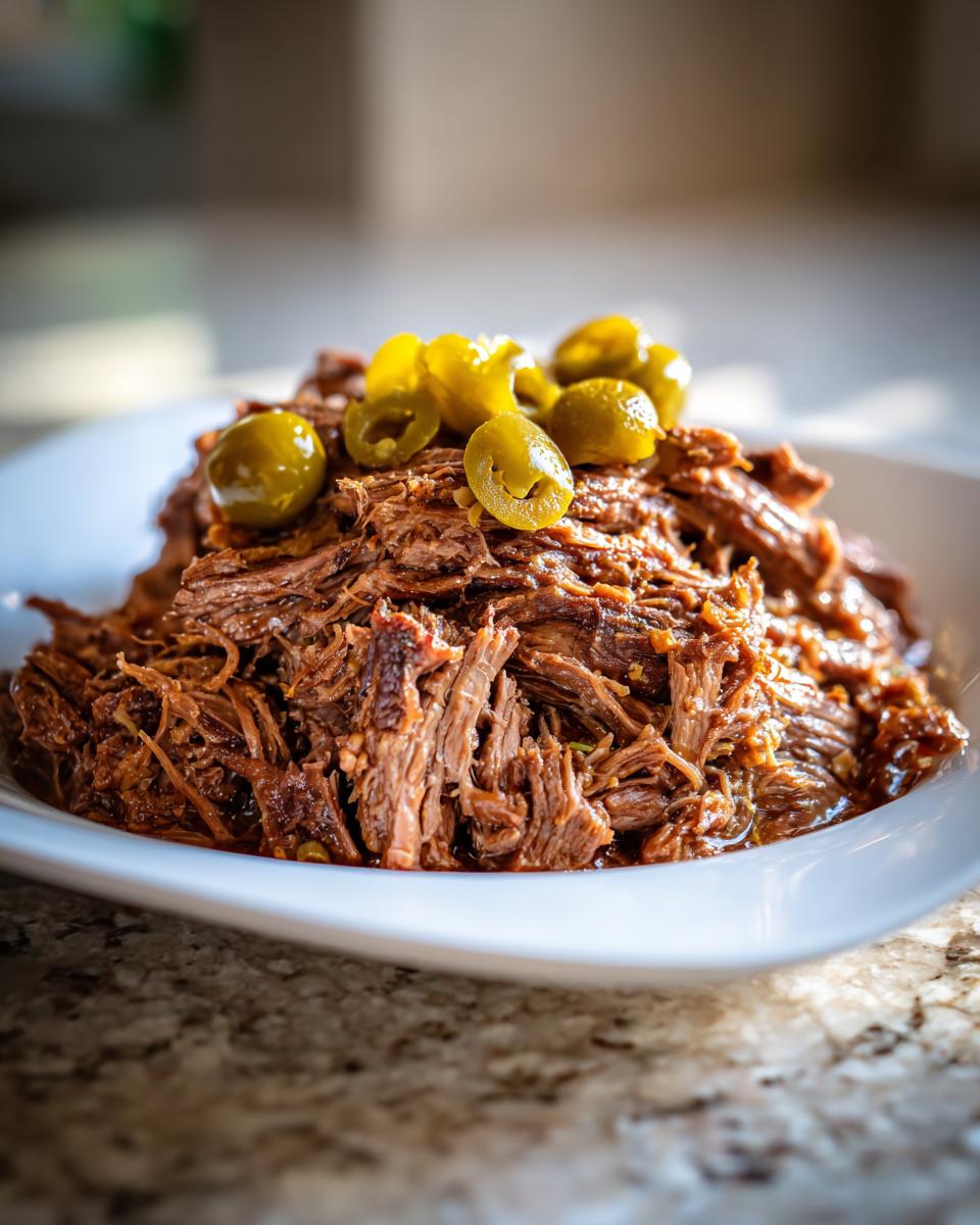 A close-up of tender, shredded Mississippi pot roast piled high on a white plate, topped with sliced pepperoncini peppers.