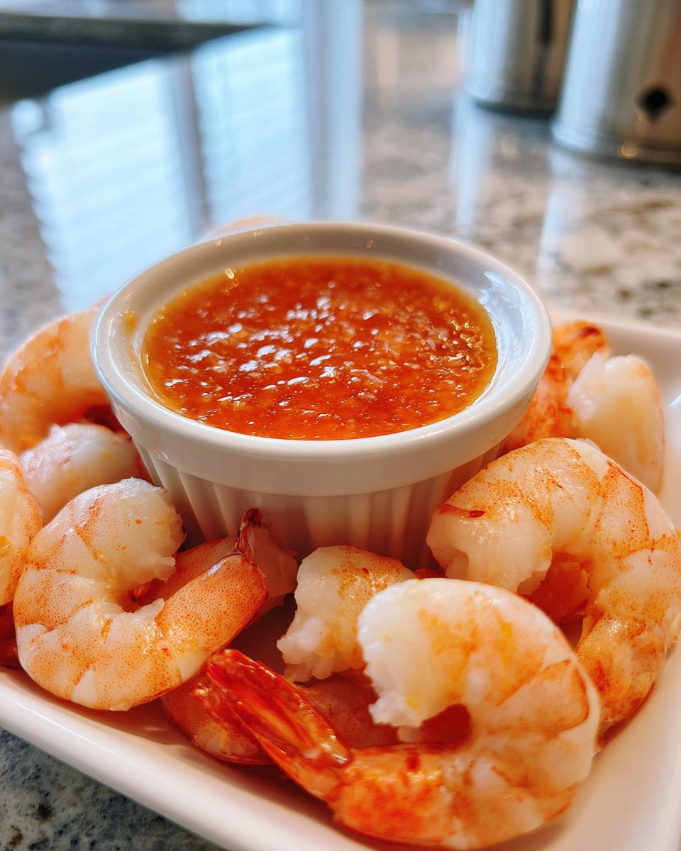 Close-up of cooked, peeled shrimp arranged around a small white ramekin of bright red cocktail sauce for shrimp cocktail.