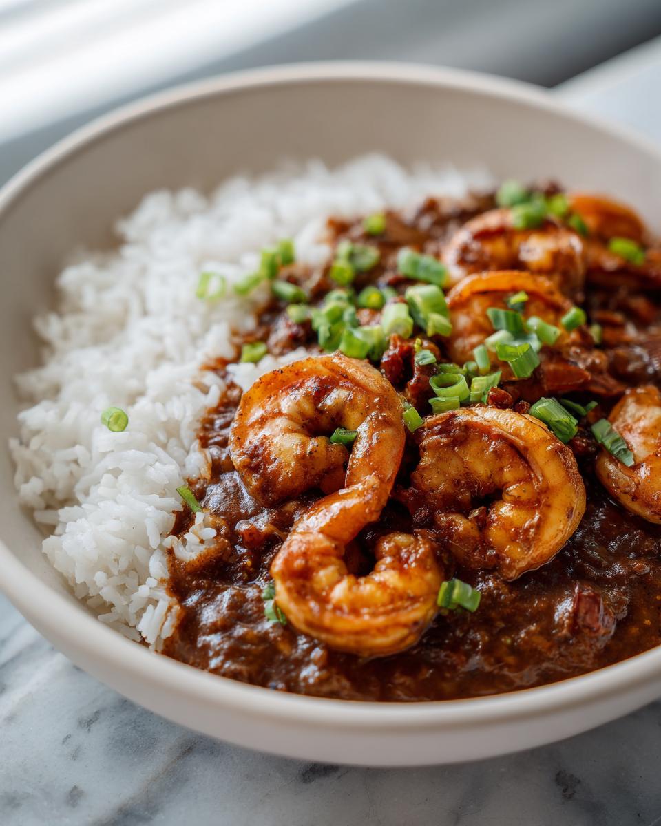 Close-up of a bowl of rich, dark shrimp étouffée served over white rice and garnished with chopped green onions.