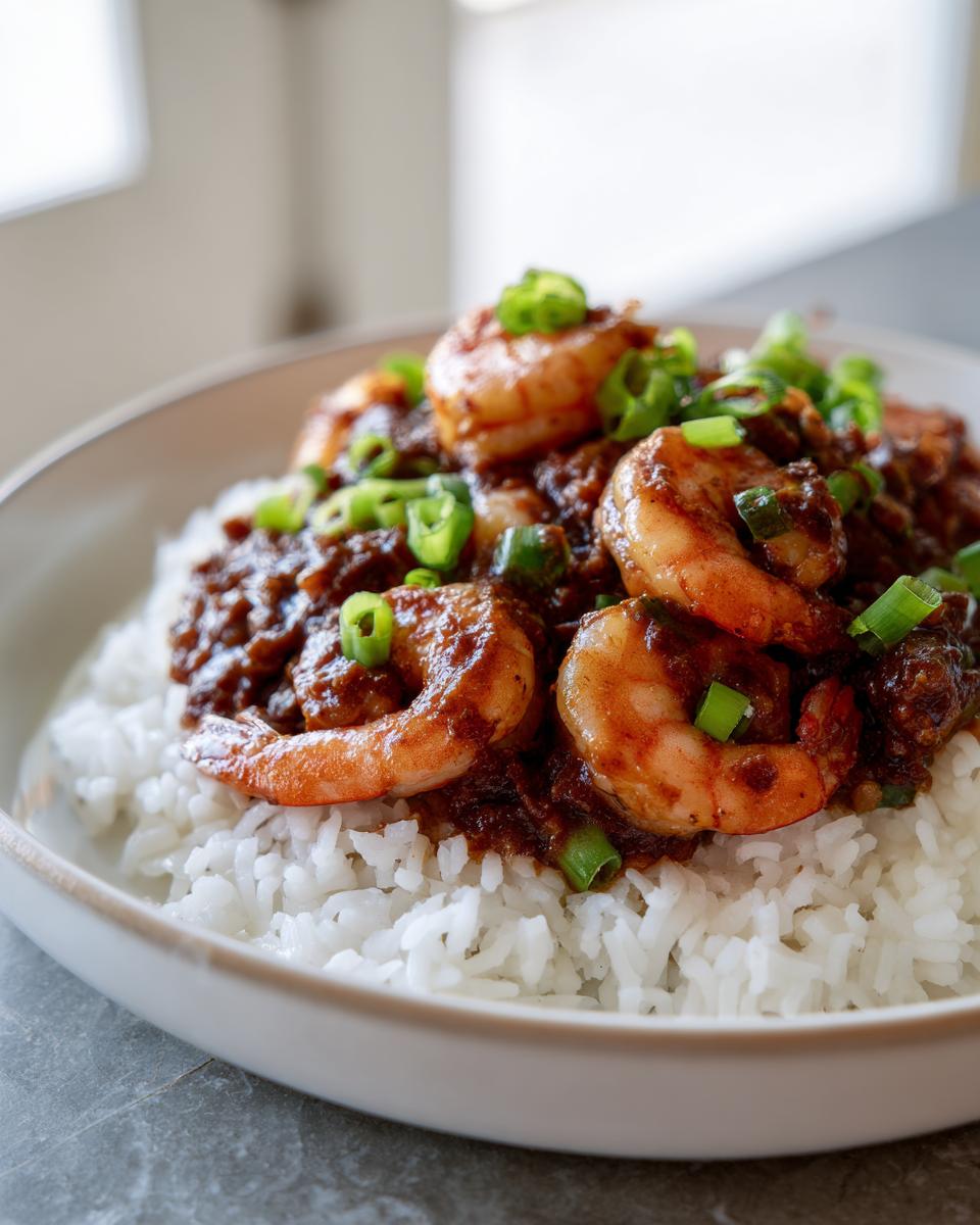 A close-up of shrimp étouffée served over fluffy white rice and garnished with chopped green onions.