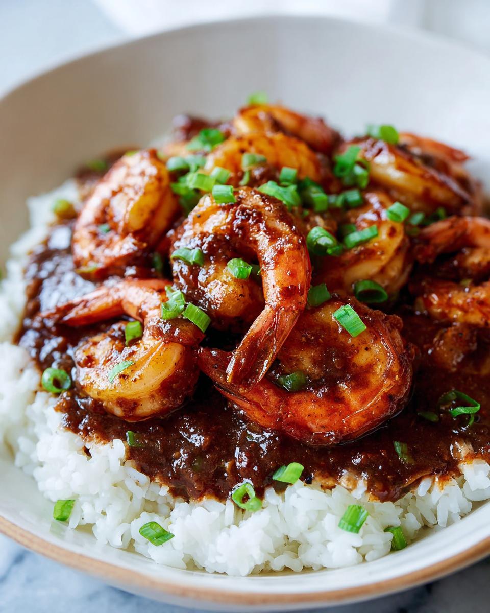 A close-up shot of flavorful shrimp étouffée served over a bed of fluffy white rice and garnished with chopped green onions.