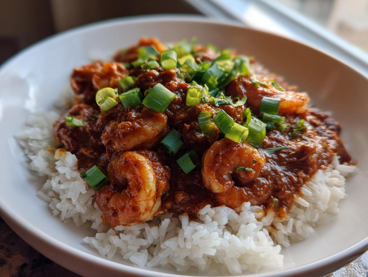 A close-up view of rich, dark shrimp etouffee served over fluffy white rice and garnished with fresh green onions.
