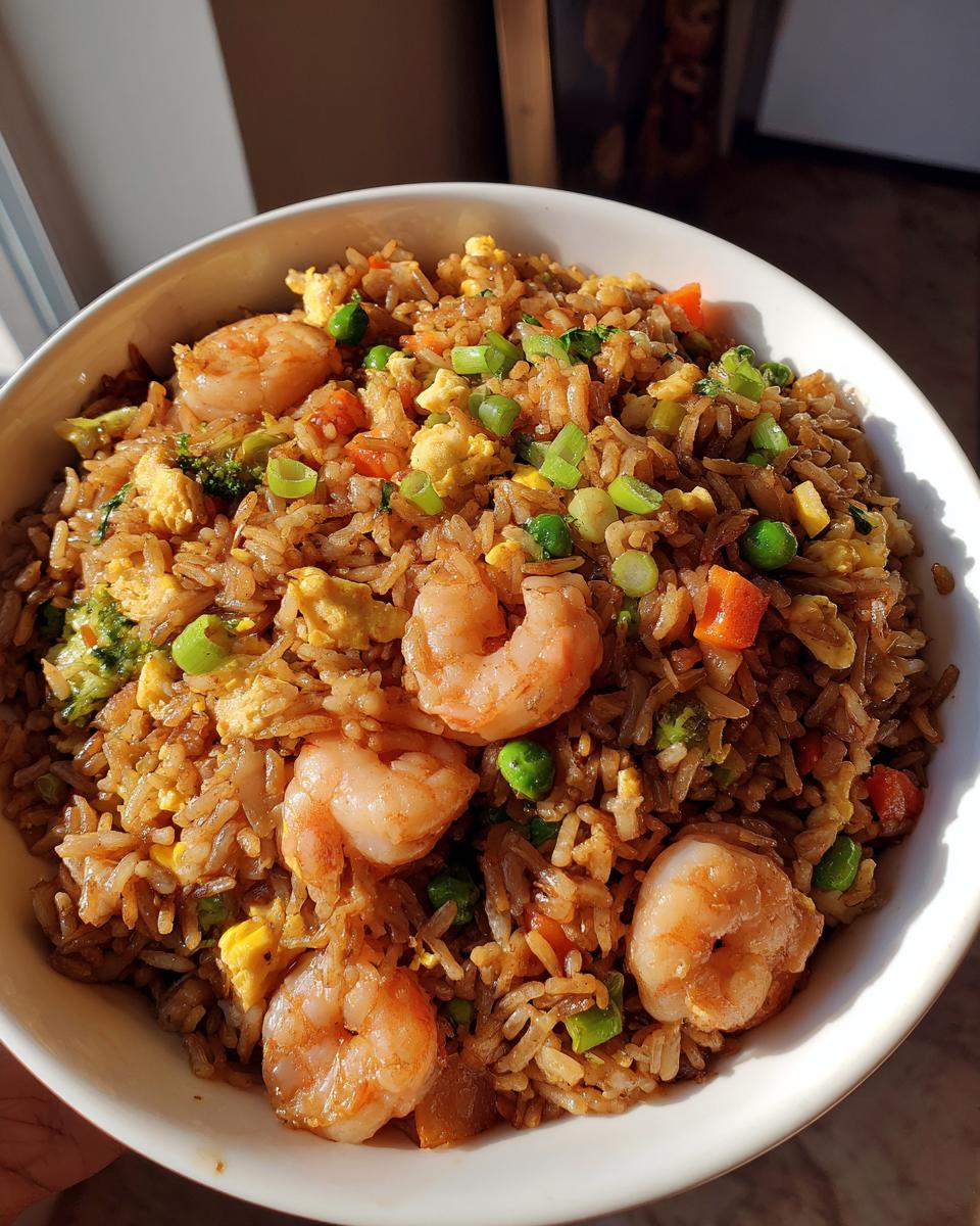 Close-up of a white bowl filled with flavorful shrimp fried rice, mixed with eggs, peas, and carrots.
