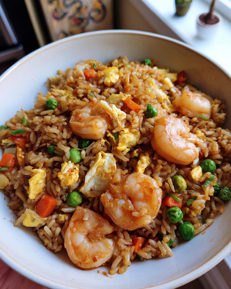 Close-up of a bowl filled with savory shrimp fried rice, featuring large shrimp, scrambled egg pieces, peas, and carrots.