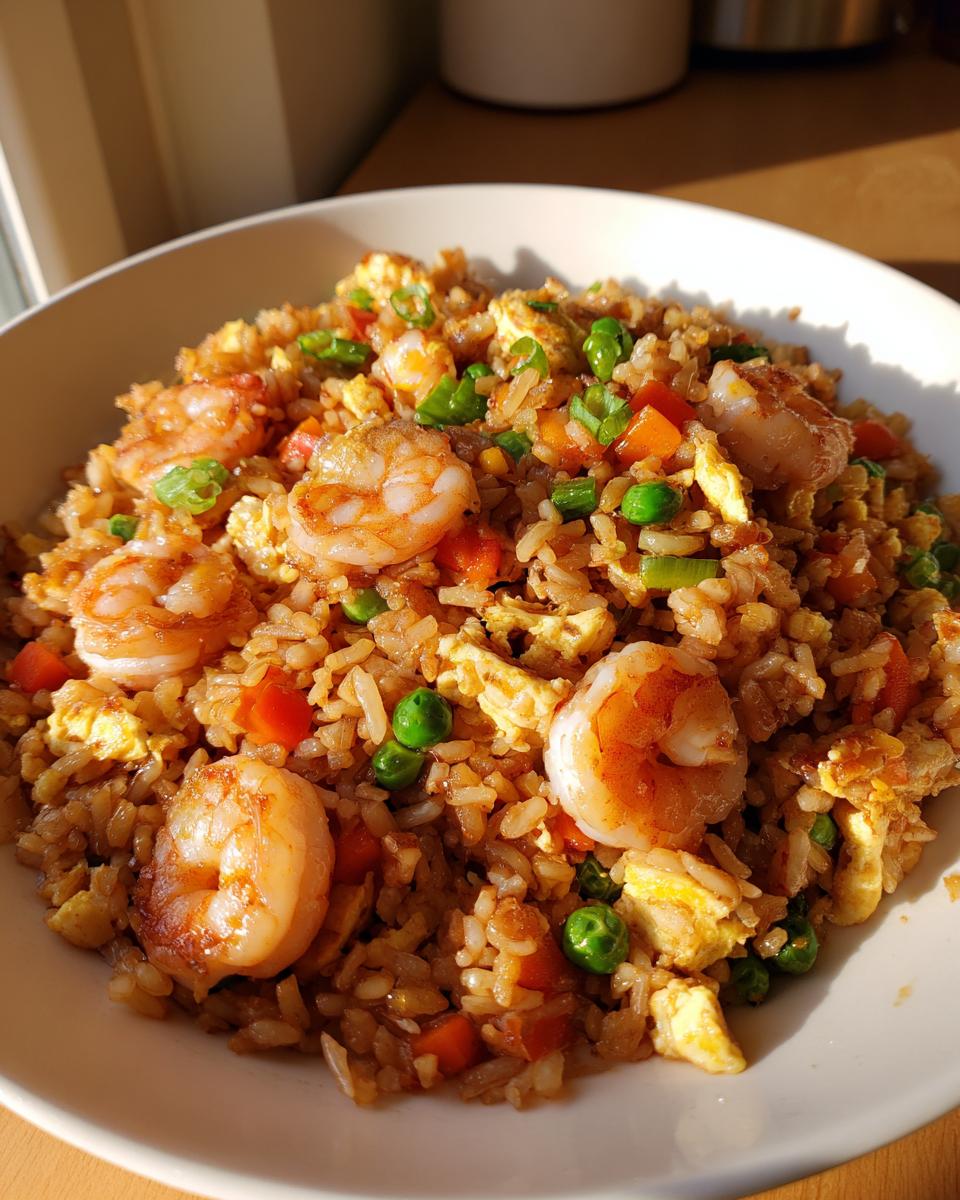 Close-up of a bowl filled with flavorful shrimp fried rice, featuring plump shrimp, scrambled egg, peas, and carrots.