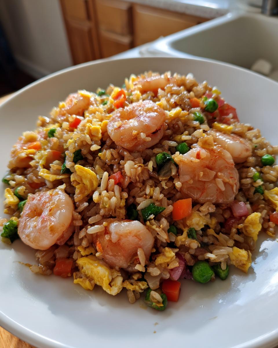 Close-up of a white plate filled with flavorful shrimp fried rice, featuring plump shrimp, scrambled egg, peas, and carrots.