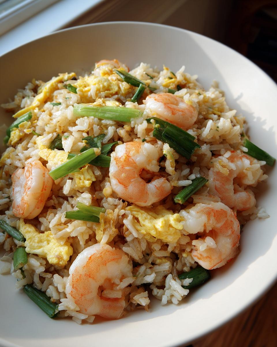 Close-up of a bowl filled with delicious shrimp fried rice recipe, featuring plump shrimp, scrambled egg, and green onions.