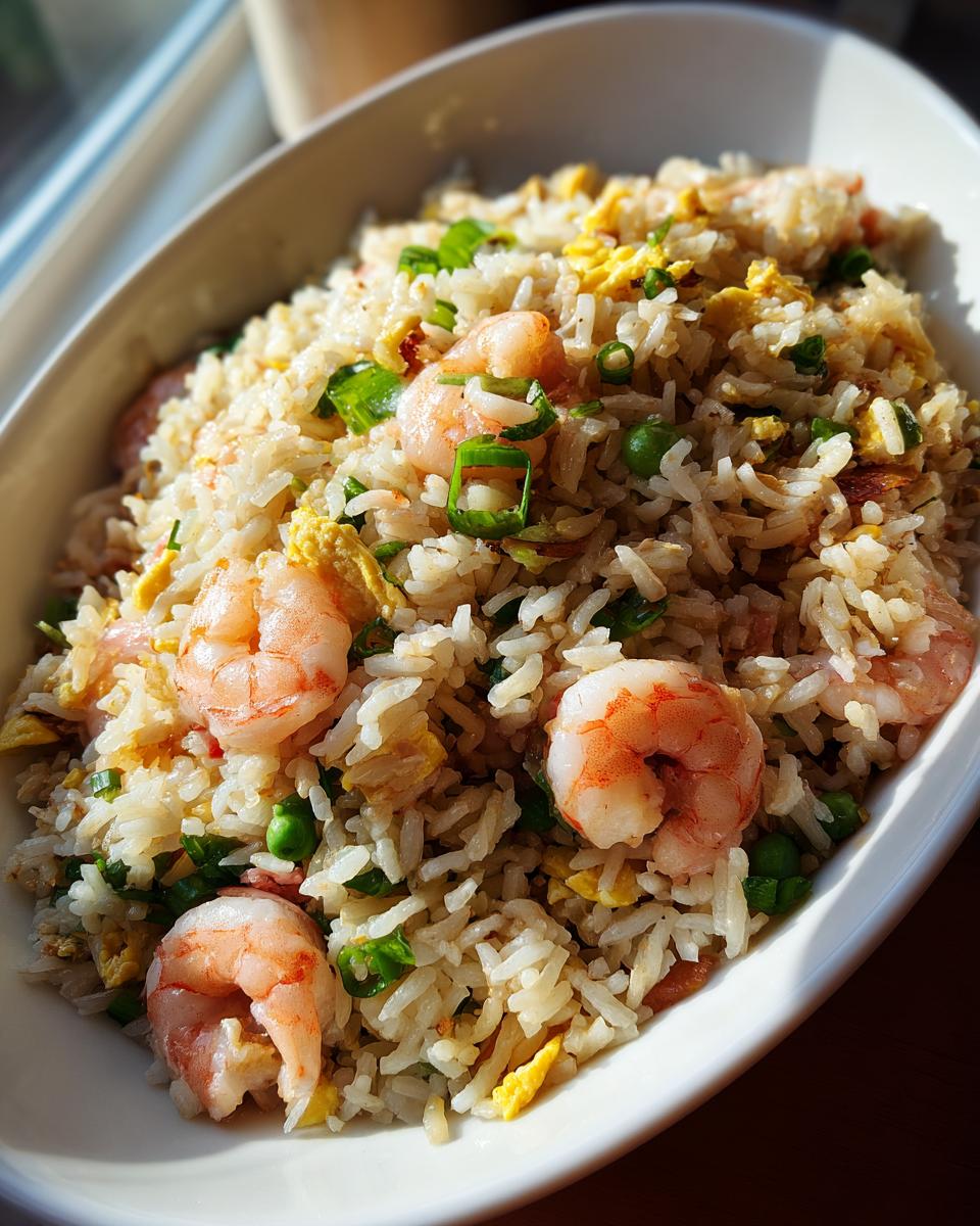 Close-up of a white bowl filled with delicious shrimp fried rice recipe, featuring plump shrimp, egg, and green onions.