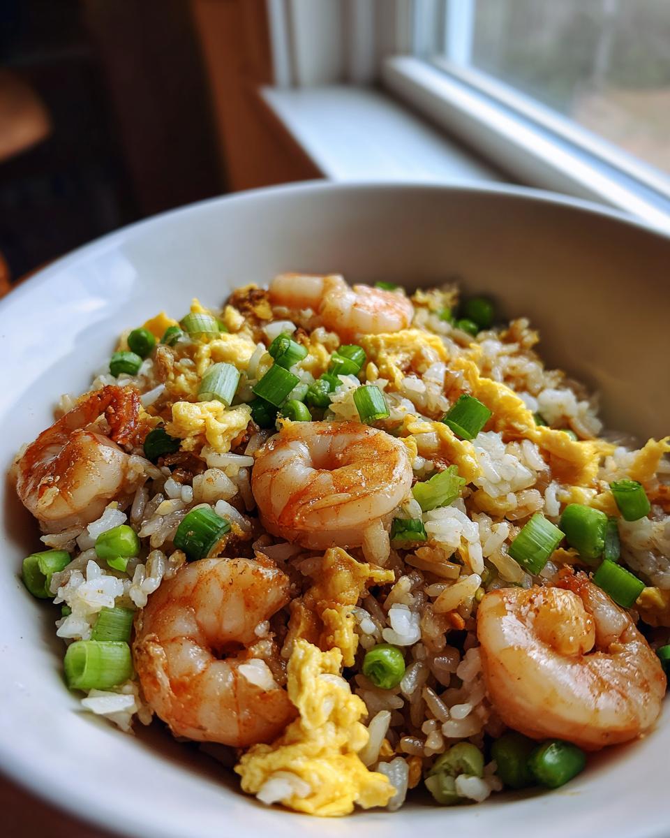 Close-up of a white bowl filled with shrimp fried rice recipe, featuring plump shrimp, scrambled egg, and green onions.