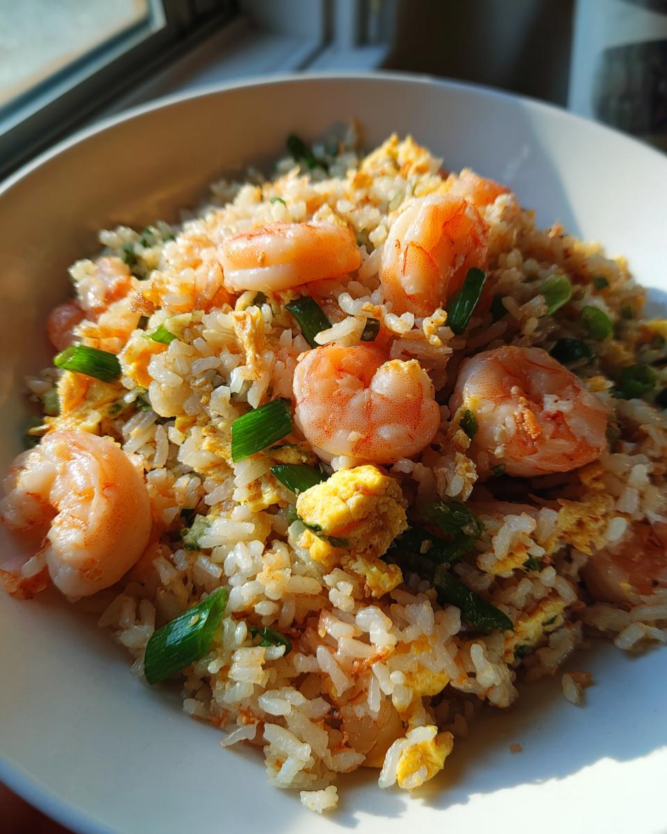 A close-up of a white bowl filled with delicious shrimp fried rice recipe, featuring plump shrimp and scrambled egg pieces.