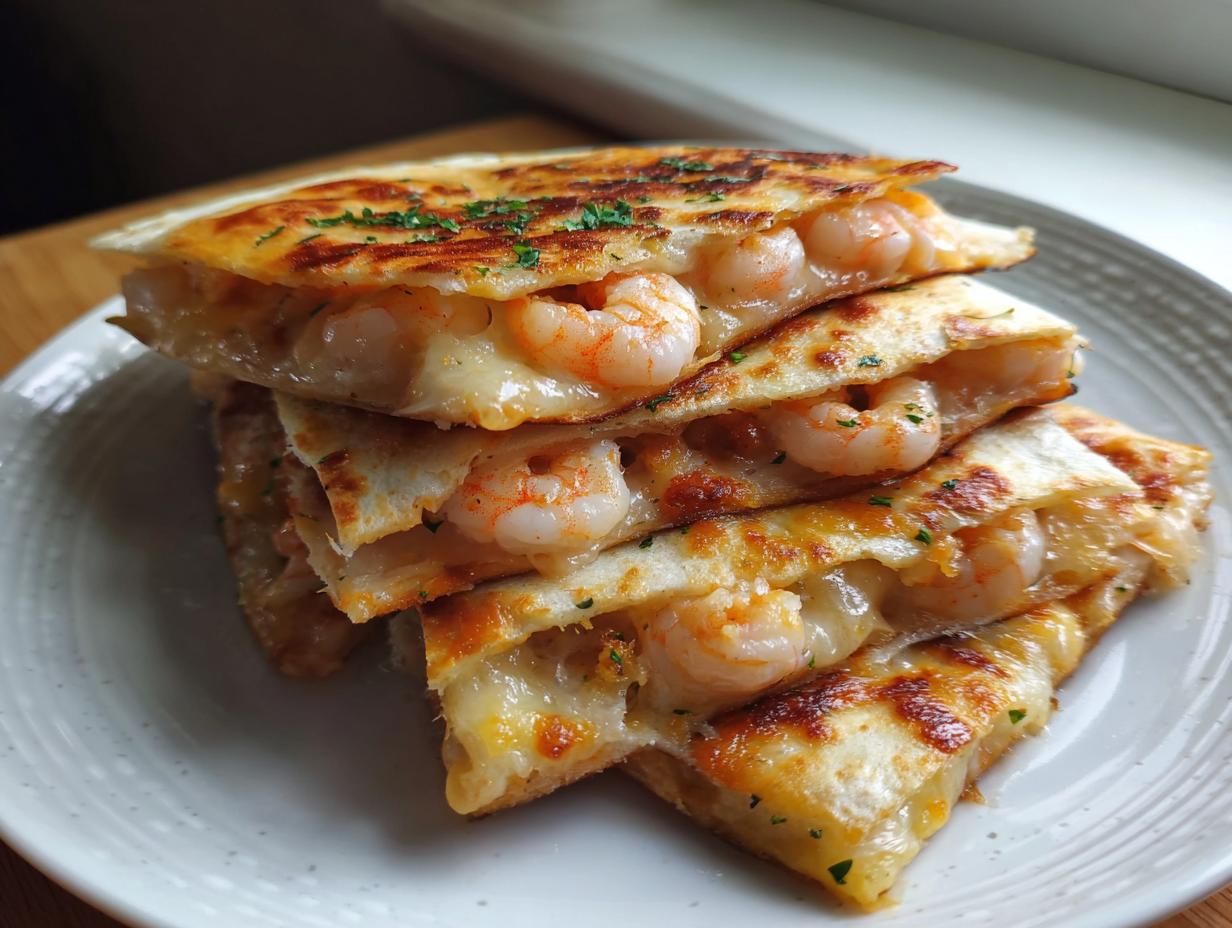A stack of golden-brown, cheesy shrimp quesadilla wedges overflowing with pink shrimp and garnished with parsley.