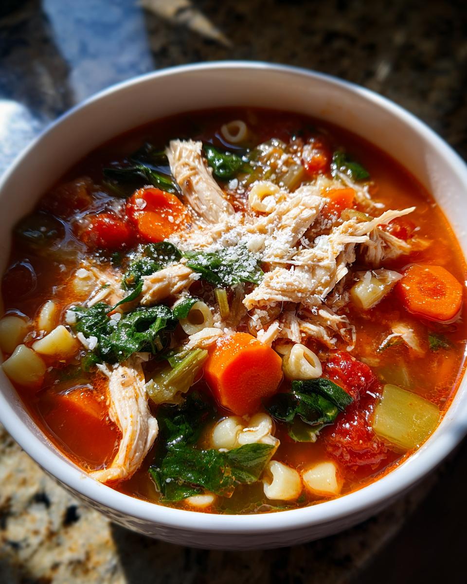 Close-up of a hearty bowl of Sicilian chicken soup featuring shredded chicken, carrots, spinach, and pasta, topped with Parmesan.