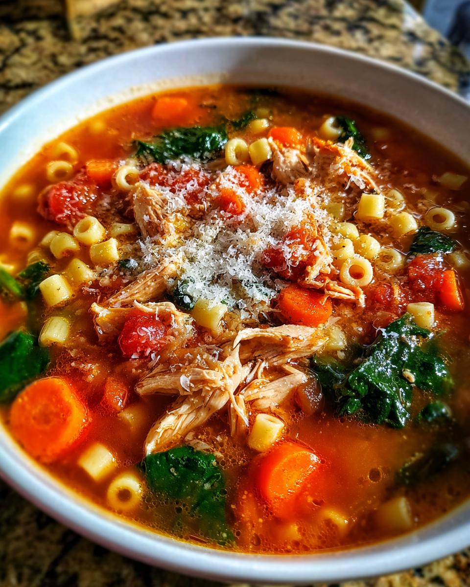 Close-up of a bowl of Sicilian chicken soup featuring shredded chicken, carrots, spinach, ditalini pasta, and grated Parmesan cheese.
