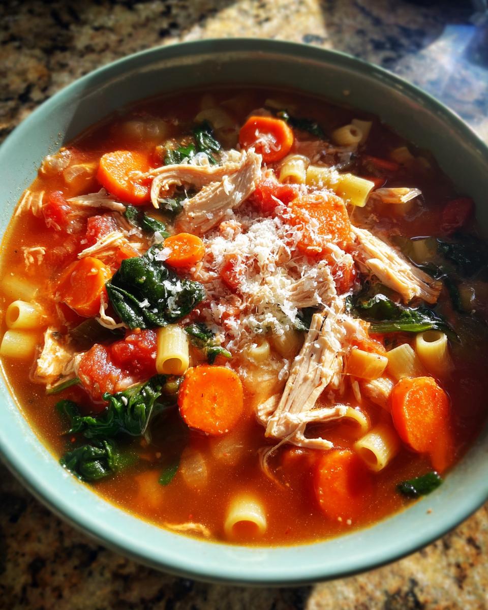 A close-up of a bowl of Sicilian chicken soup featuring shredded chicken, carrots, spinach, pasta, and grated cheese.