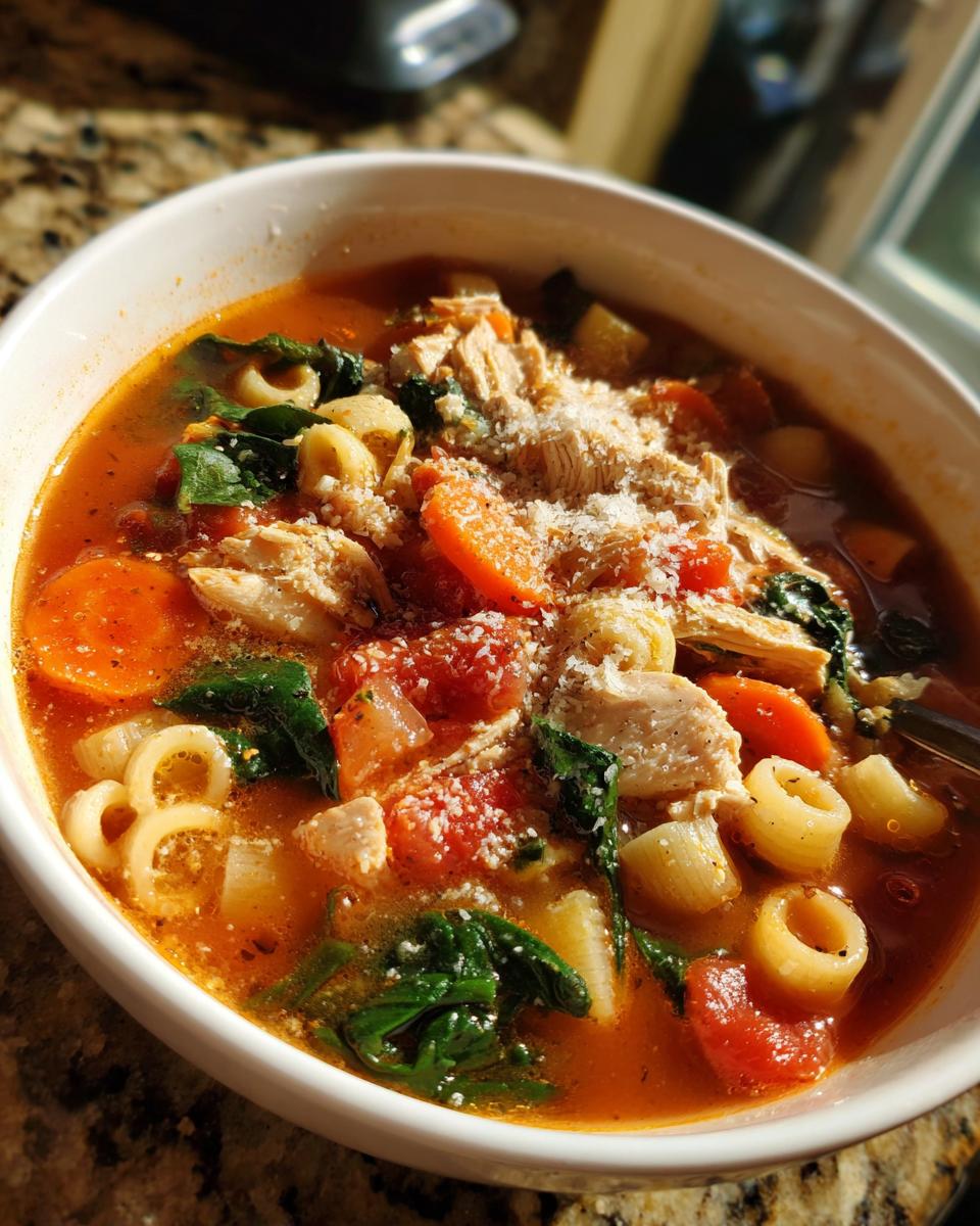 Close-up of a bowl of Sicilian chicken soup featuring shredded chicken, carrots, spinach, pasta, and topped with grated Parmesan cheese.