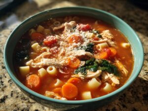 Close-up of a bowl of Sicilian chicken soup featuring shredded chicken, carrots, pasta, and topped with grated Parmesan cheese.
