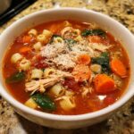 Close-up of a warm bowl of Sicilian chicken soup filled with shredded chicken, carrots, pasta, and topped with grated Parmesan cheese.