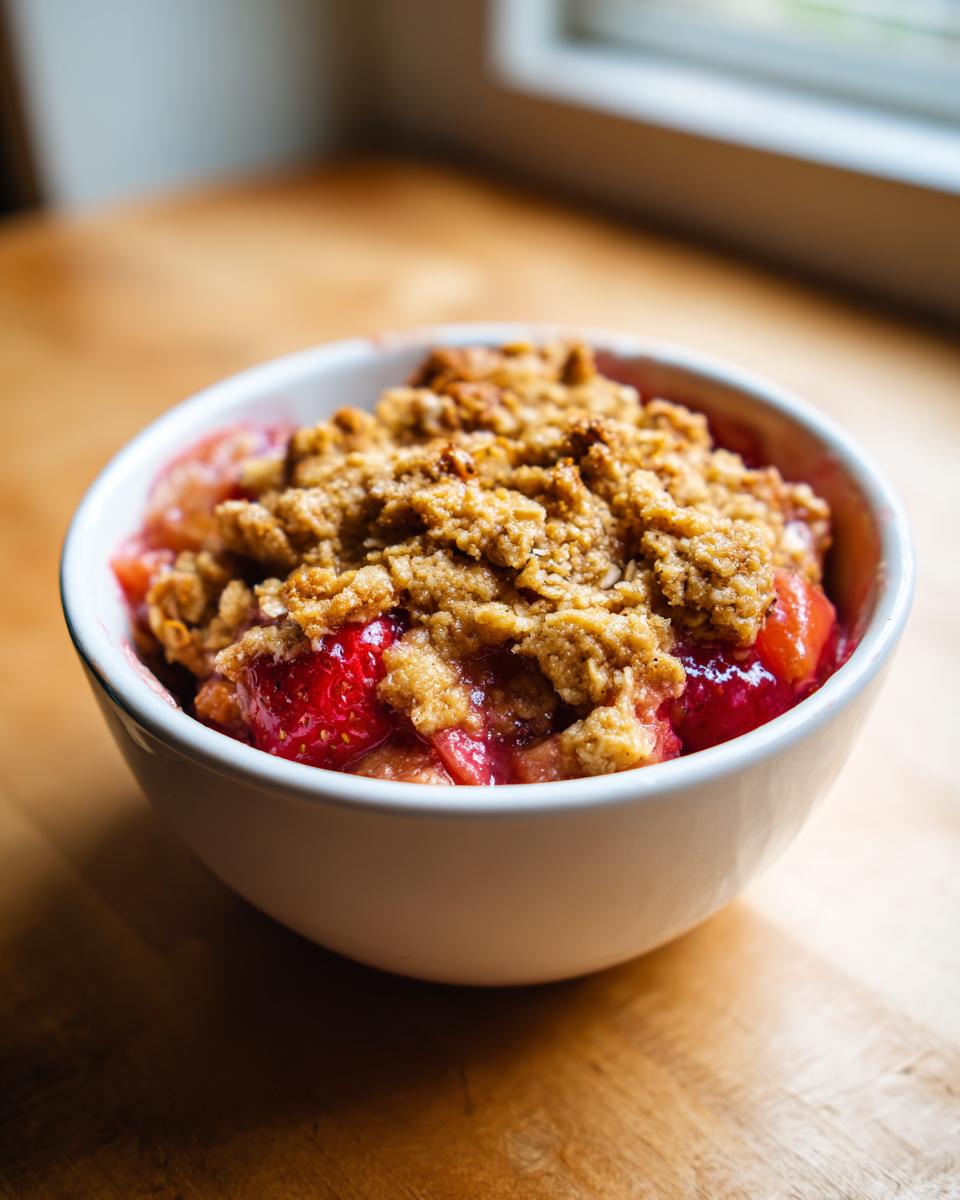 Close-up of a single serving of amazing rhubarb crisp with a golden, crumbly topping in a white bowl.