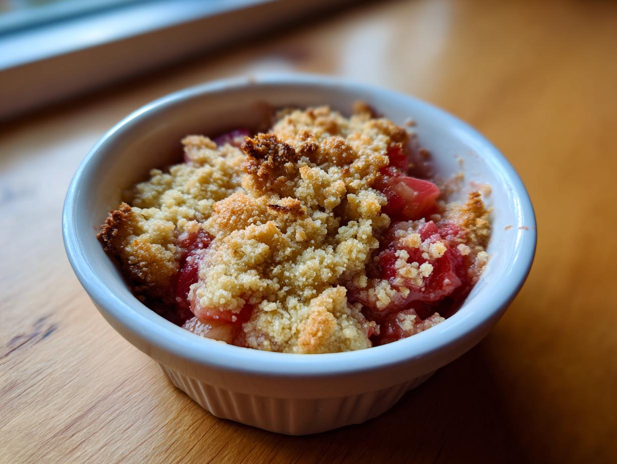 Close-up of a warm, baked single serving of rhubarb crisp in a white ramekin on a wooden surface.
