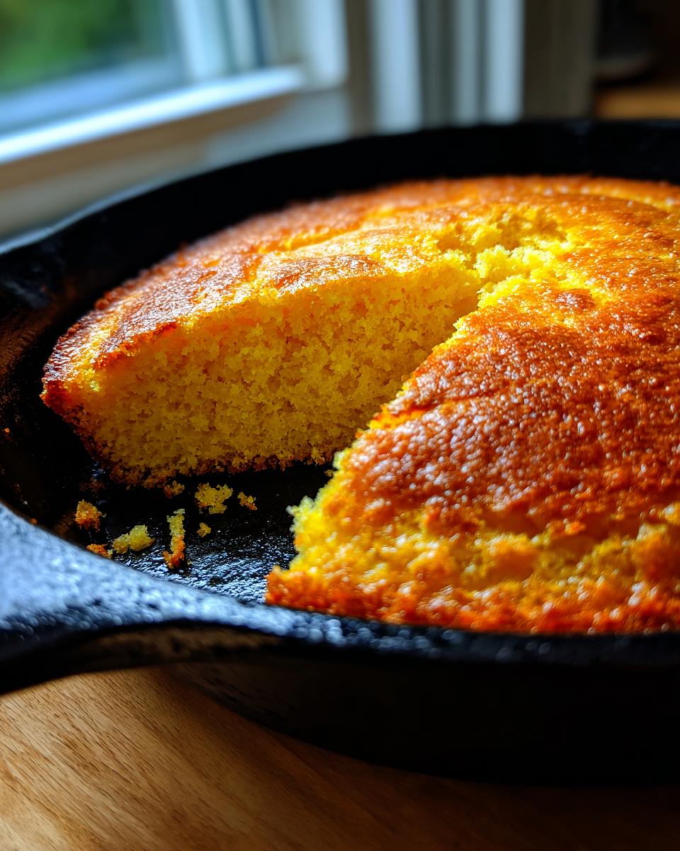 Close-up of golden brown skillet cornbread in a cast iron pan with one slice cut out.