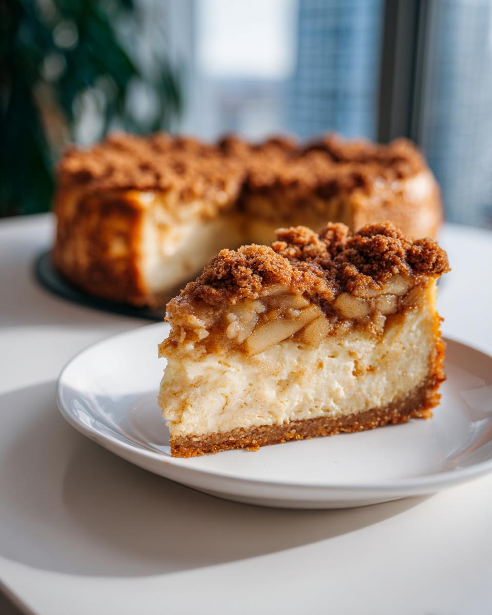 A close-up of a slice of apple pie cheesecake with a thick graham cracker crust and cinnamon apple crumble topping.