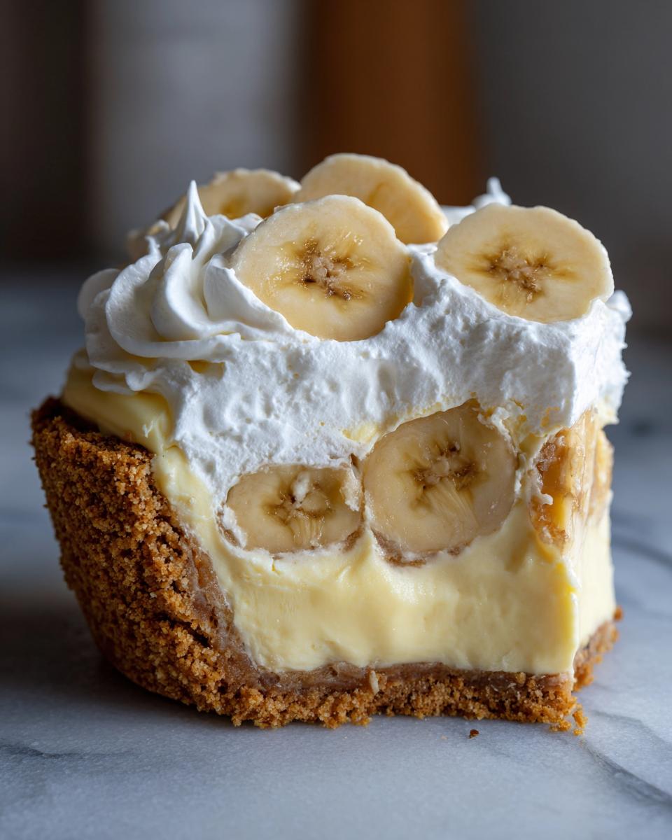 A rich slice of banana cream pie recipe showing a thick graham cracker crust, creamy filling, and whipped cream topped with banana slices.