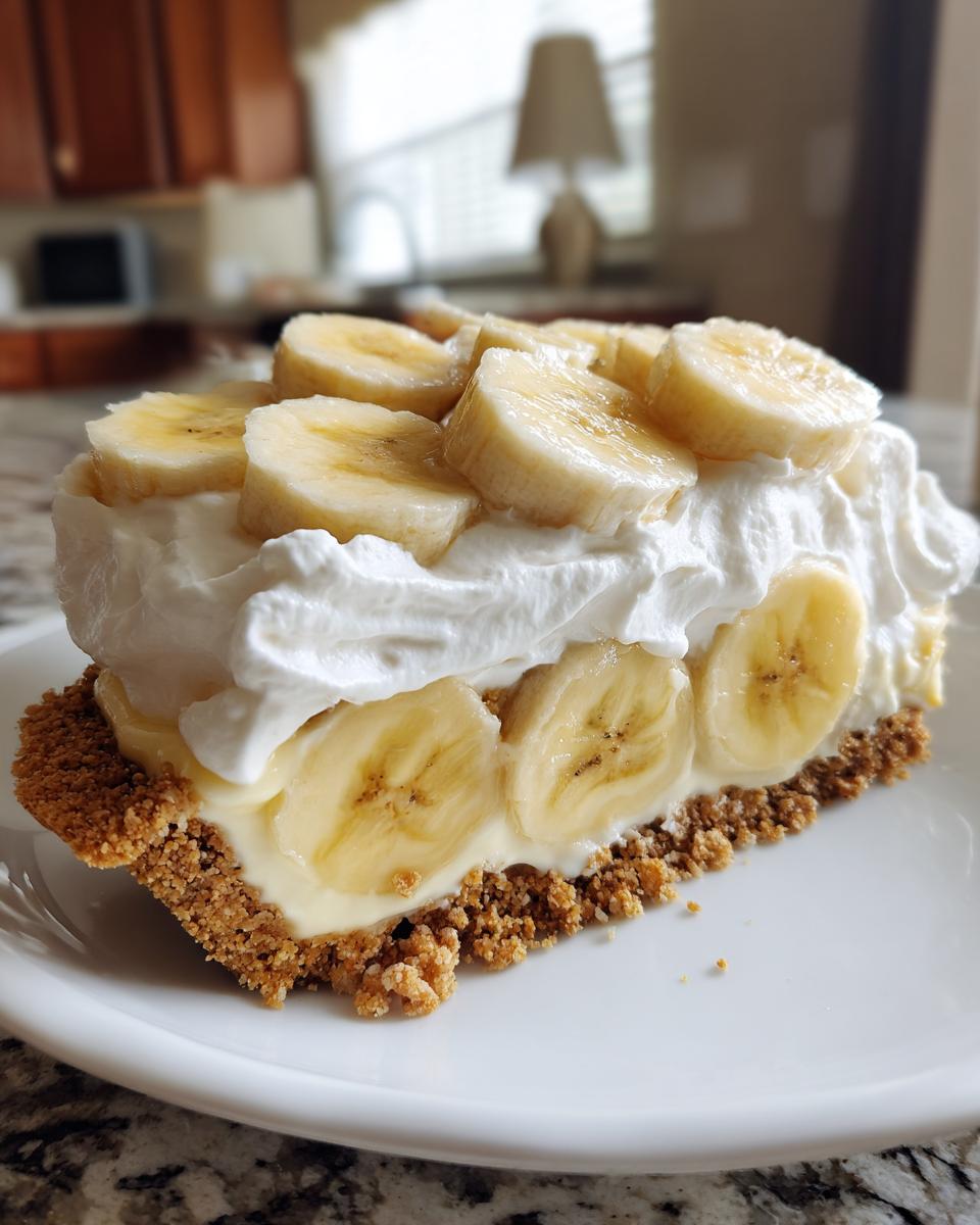 A decadent slice of banana cream pie recipe featuring a graham cracker crust, creamy filling, fresh banana slices, and whipped cream topping.