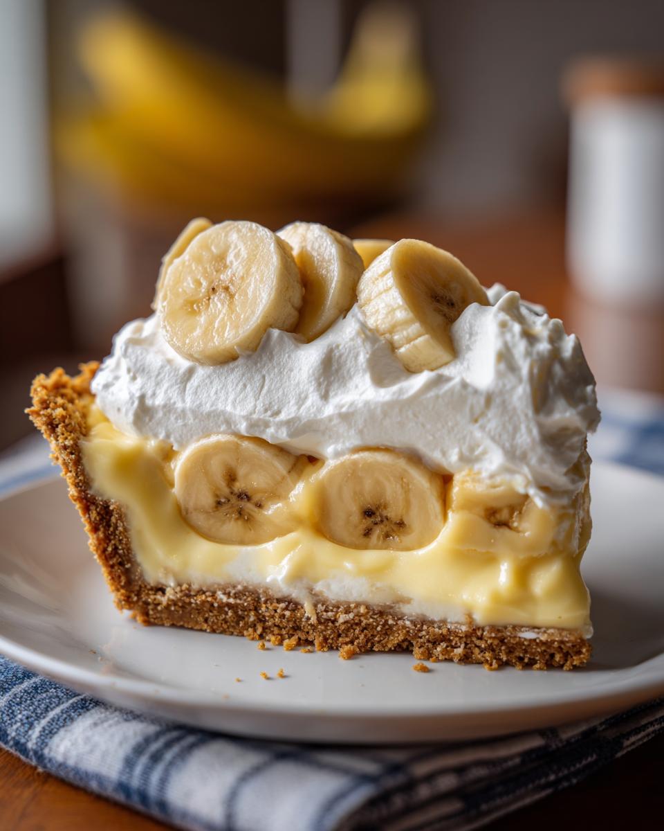 A perfect slice of banana cream pie recipe with a graham cracker crust, vanilla custard, and whipped cream topped with fresh banana slices.
