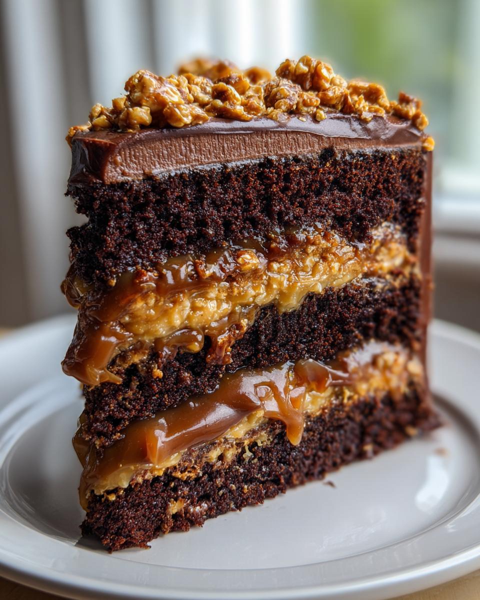 A decadent slice of chocolate caramel toffee crunch cake showing three rich chocolate layers separated by caramel and toffee filling.