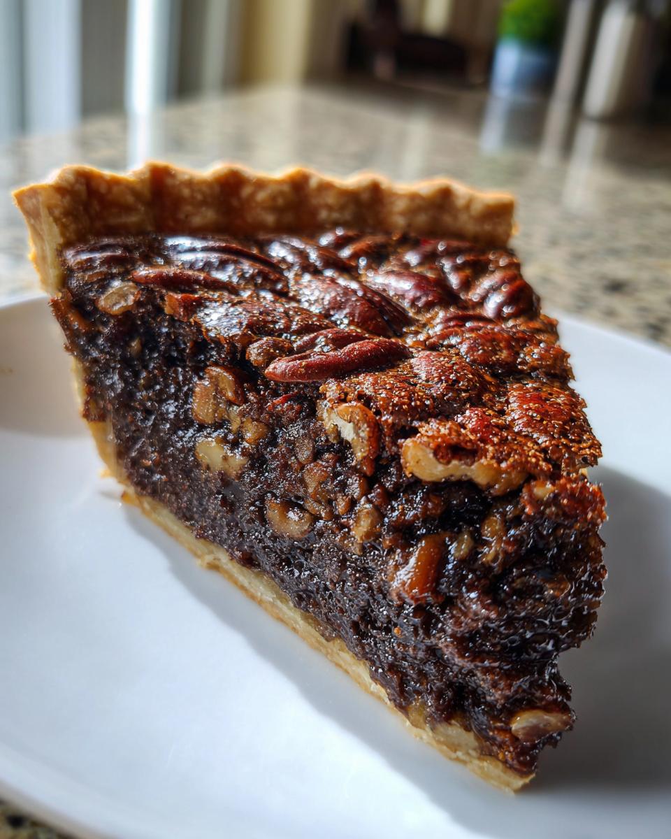 Close-up of a thick slice of homemade chocolate pecan pie showing the dark, gooey filling and pecan topping on a white plate.