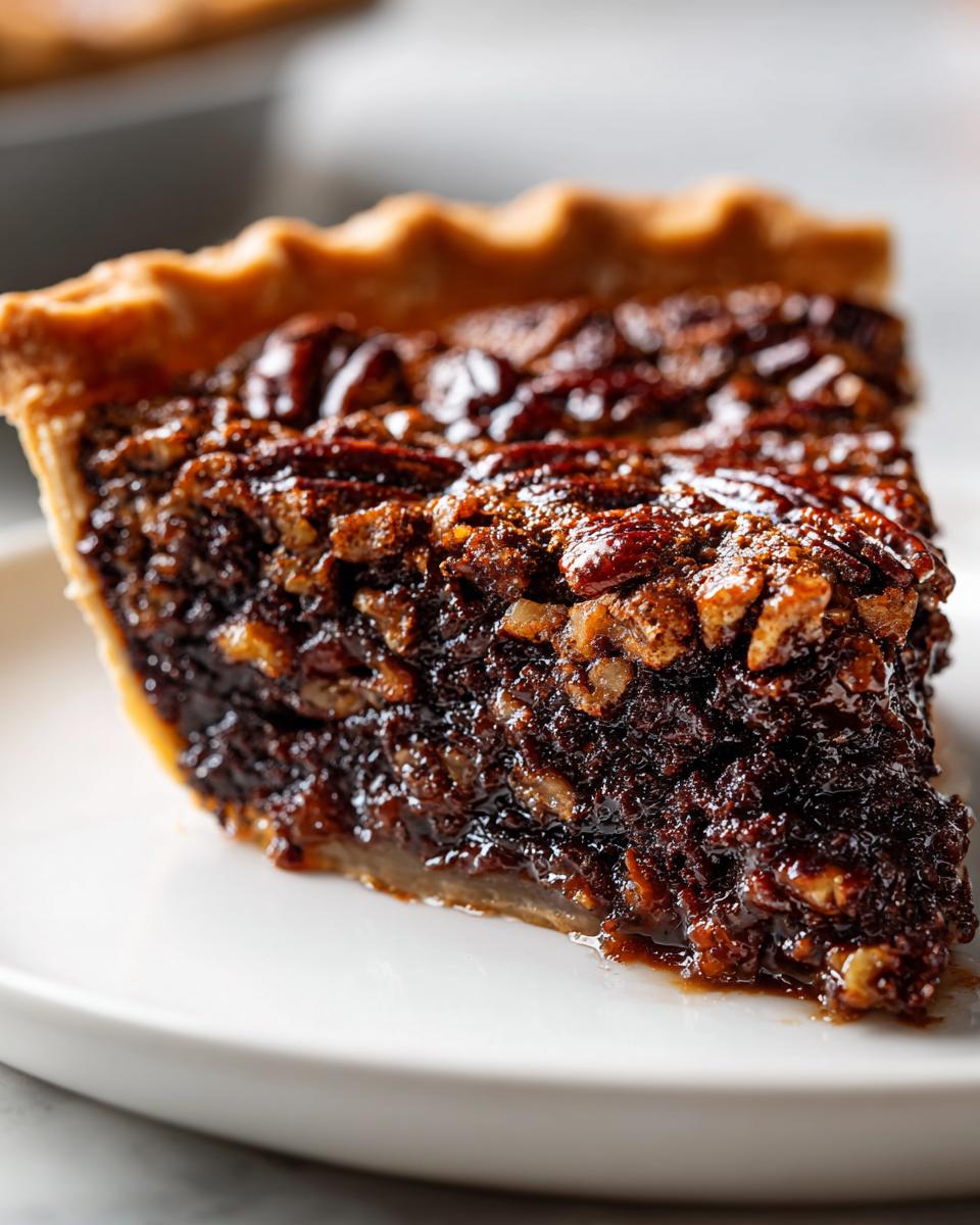 Close-up of a decadent slice of chocolate pecan pie showing the gooey, dark filling and crunchy pecans.