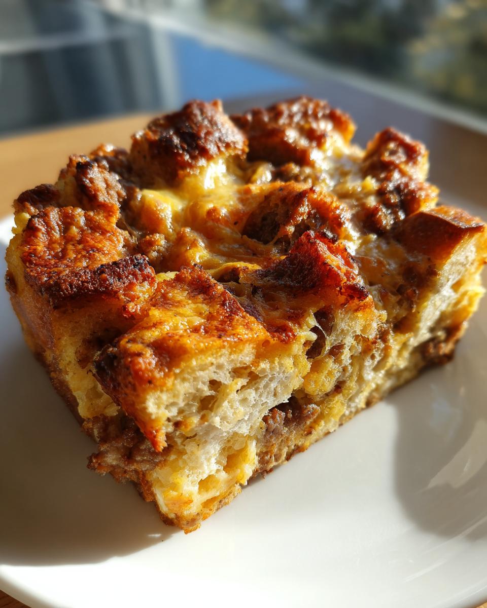 Close-up of a golden-brown slice of christmas breakfast casserole on a white plate.