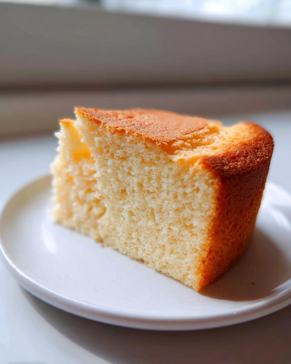 A close-up of a moist slice of condensed milk cake with a golden-brown crust on a white plate.