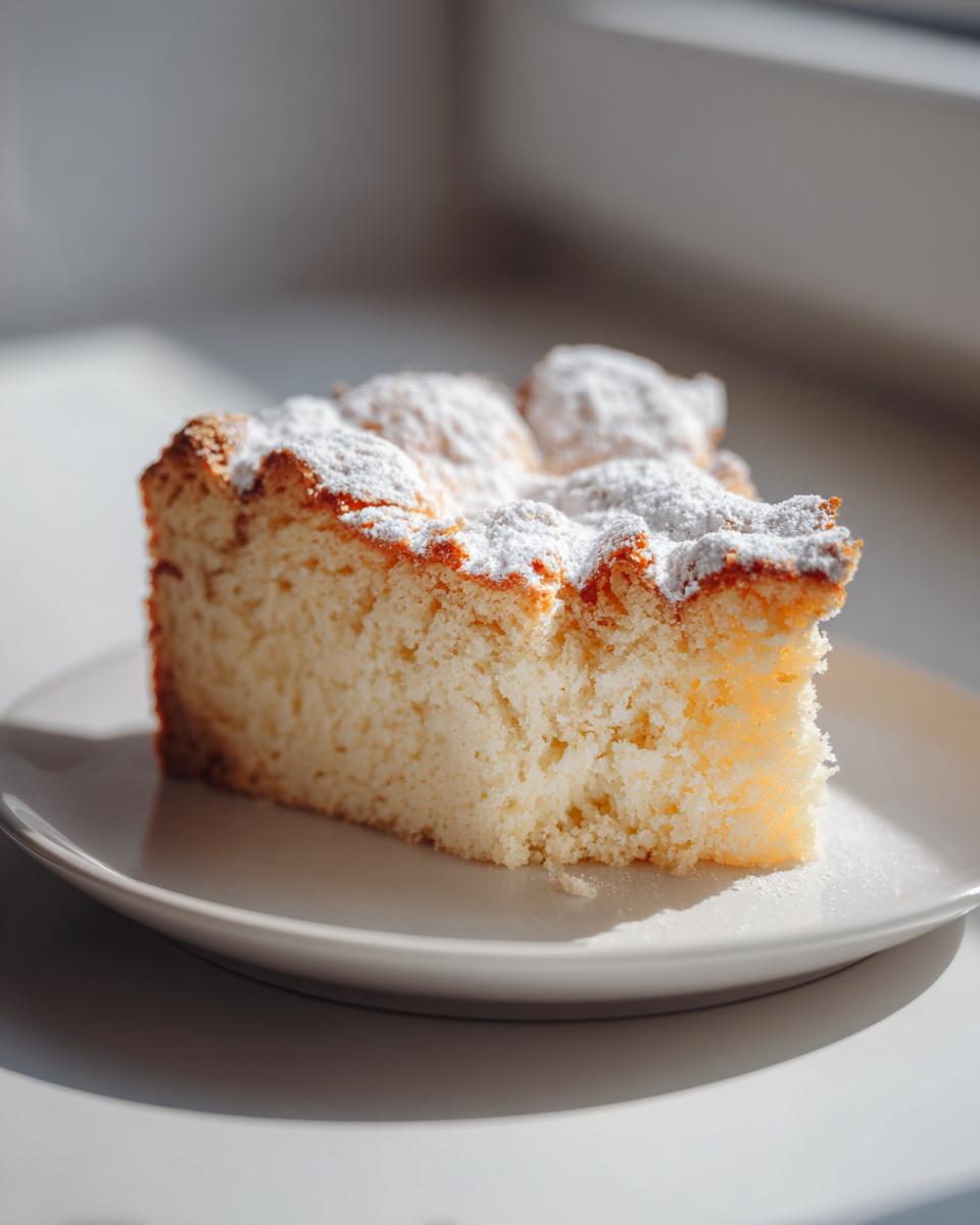 A close-up slice of fluffy condensed milk cake dusted generously with powdered sugar, sitting on a white plate.