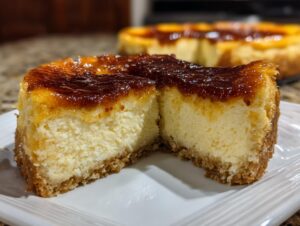 Close-up of a thick slice of creme brulee cheesecake showing the creamy interior and caramelized, torched sugar topping.