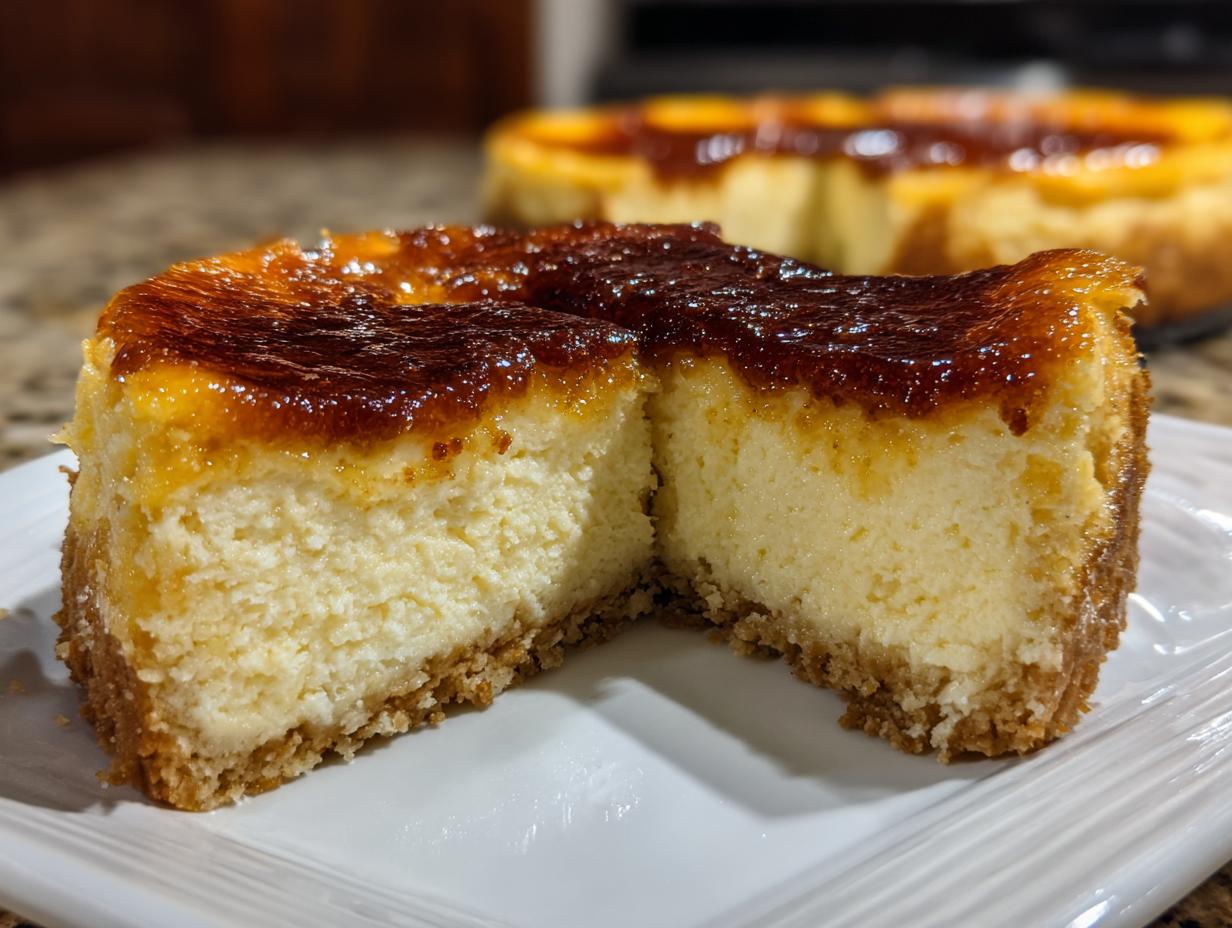 Close-up of a thick slice of creme brulee cheesecake showing the creamy interior and caramelized, torched sugar topping.