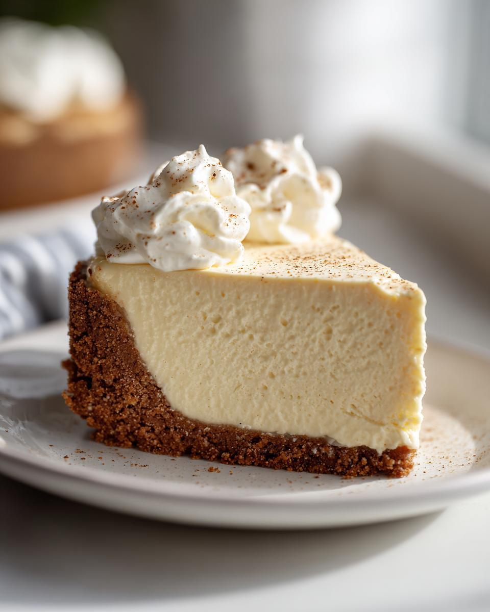 A close-up of a perfect slice of eggnog cheesecake with a graham cracker crust, topped with whipped cream and nutmeg.