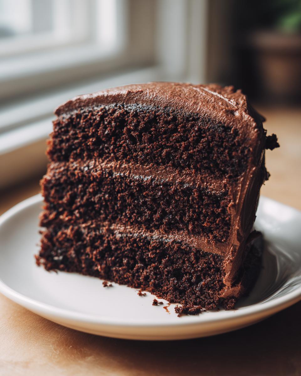 A close-up of a tall slice of homemade chocolate cake with rich, dark layers and thick chocolate frosting.