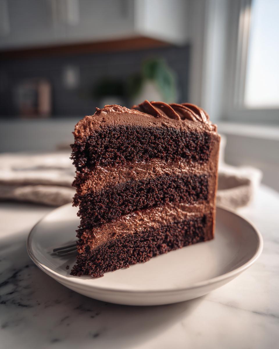 A tall, decadent slice of homemade chocolate cake with three layers of dark cake and rich chocolate frosting.