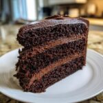 A decadent slice of homemade chocolate cake showing three moist layers and rich chocolate frosting.