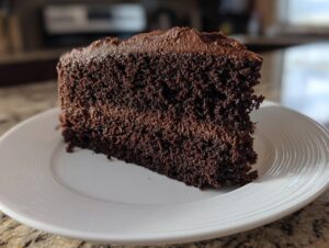 A close-up of a rich, dark slice of homemade chocolate cake with thick chocolate frosting on a white plate.
