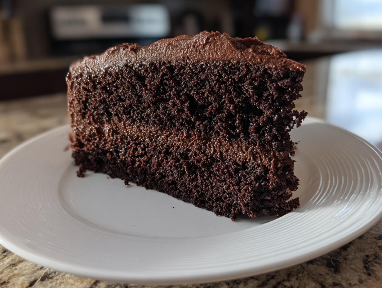 A close-up of a rich, dark slice of homemade chocolate cake with thick chocolate frosting on a white plate.