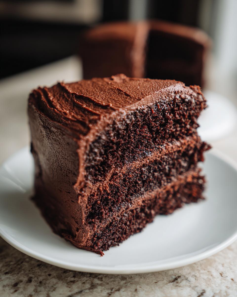 Close-up of a moist slice of homemade chocolate cake layered with dark chocolate frosting on a white plate.